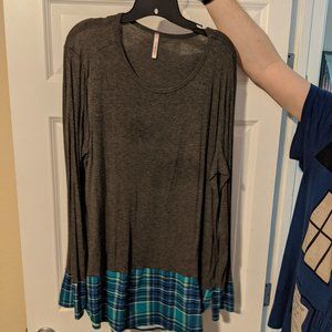 Long Sleeve Top with Plaid Hem